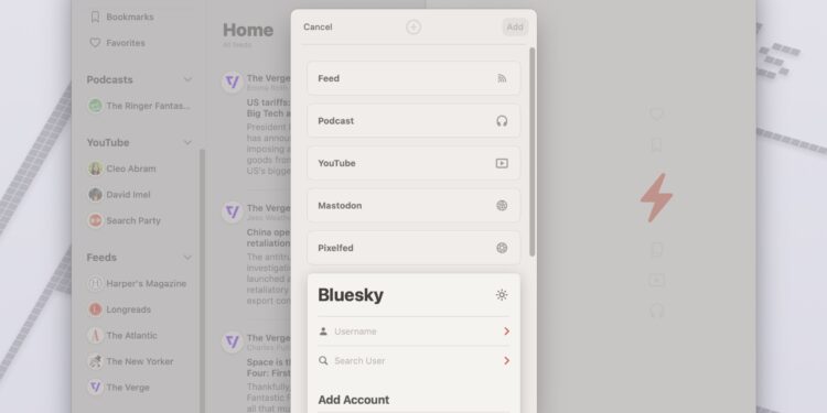 A screenshot of the Reeder app, showing how to add feeds.