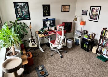 Room in home with desk, red desk chair, plants on the left, bookcase on right, posters on wall.