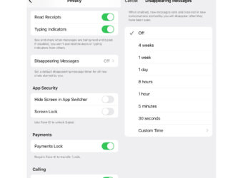 Screenshots showing privacy options in the Signal app.