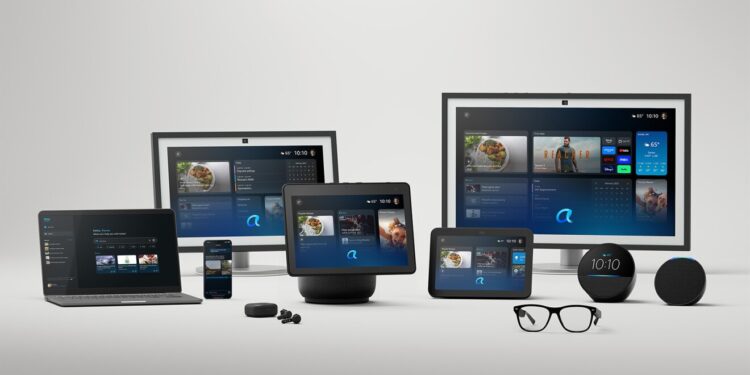 Picture of several devices, including Amazon Echo devices.