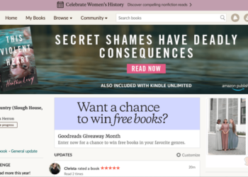 Homepage of Goodreads with an ad on top reading “Secret Shames have deadly consequences” and below that “Want a chance to win free books?” with a currently reading book on the left and a clothing ad on the right.