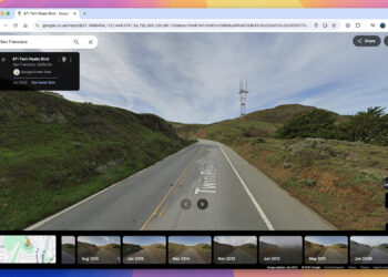 Google Map showing a highway with thumbnails of the same scene at different times at the bottom.