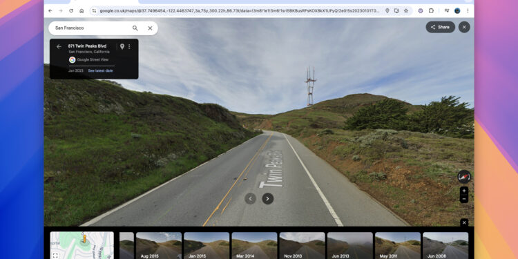 Google Map showing a highway with thumbnails of the same scene at different times at the bottom.