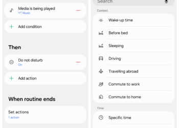 On the left, a screen with the words “Create routine” at the top and showing various If and Then possibilities. On the right, a list of “if” triggers.