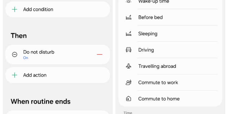 On the left, a screen with the words “Create routine” at the top and showing various If and Then possibilities. On the right, a list of “if” triggers.