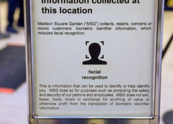 A photo of a sign about facial recognition at Madison Square Garden.