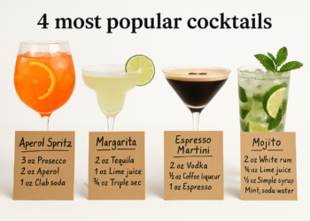 An AI-generated example of Sora’s ability to generate text. It shows the 4 most popular cocktails, with the ingredients to make them.