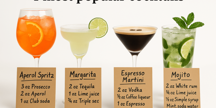 An AI-generated example of Sora’s ability to generate text. It shows the 4 most popular cocktails, with the ingredients to make them.