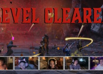 A group of video game character dancing in a spray of blood in a dungeon. Across the top of the screen the words “level cleared” are written in bold red letters. Across the bottom of the screen are five boxes depicting people on a group video call.
