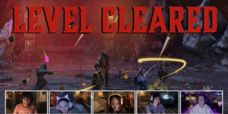 A group of video game character dancing in a spray of blood in a dungeon. Across the top of the screen the words “level cleared” are written in bold red letters. Across the bottom of the screen are five boxes depicting people on a group video call.