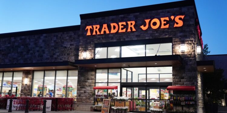 A general view of a Trader Joe's sign in Wayne, NJ as seen at dusk on May 29, 2022.