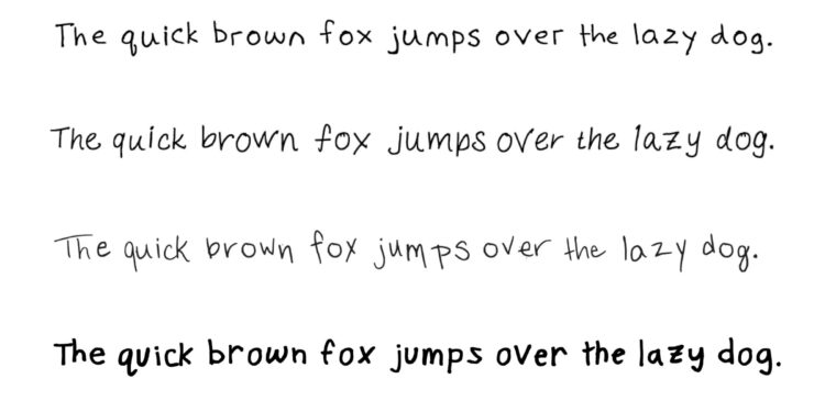 The fonts that Kristen’s friends made at their workshop, by Cara Blue Adams, Kyle Lucia Wu, Kristin Iverson, and Cam Terwilliger. “The quick brown fox jumps over the lazy dog” includes every letter in the English language, so it’s often used to sample fonts.