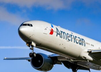 American Airlines Boeing 777 long haul airliner approaching for landing at London Heathrow Airport