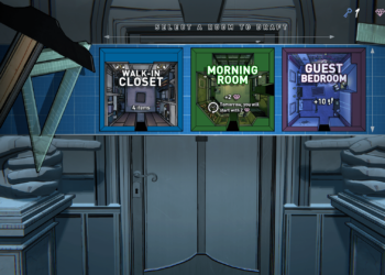 Screenshot from Blue Prince featuring the game’s room drafting mechanic presenting the player with the choice of one of three rooms to draft: a walk in closet, a morning room, and a guest bedroom