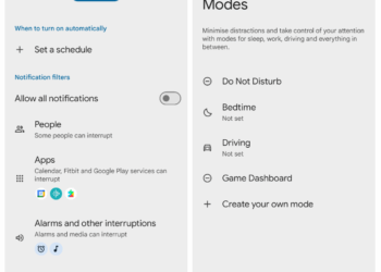 Two screenshots. Left: Headed “Dave’s working mode,” then a button labeled “Turn on now” then a list of features such as Set a schedule, Allow all notifications, People, Apps, etc.
