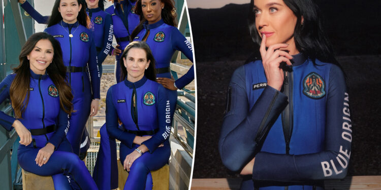Katy Perry, Gayle King, Lauren Sanchez pose in space suits before flight