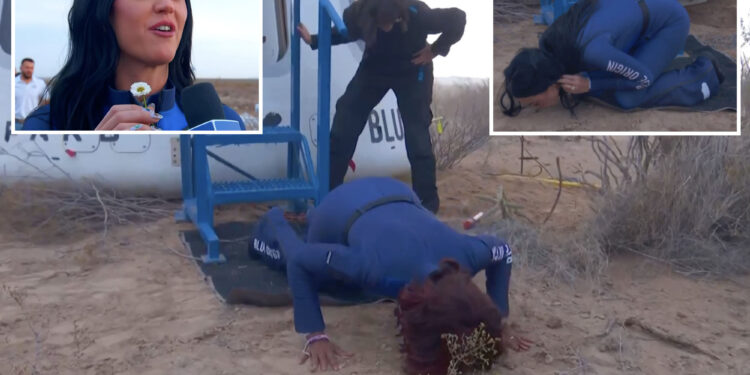 Katy Perry, Gayle King kiss the ground after exiting Blue Origin space craft following four minutes in space