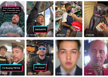 A screenshot showing eight MrBeast TikTok videos.