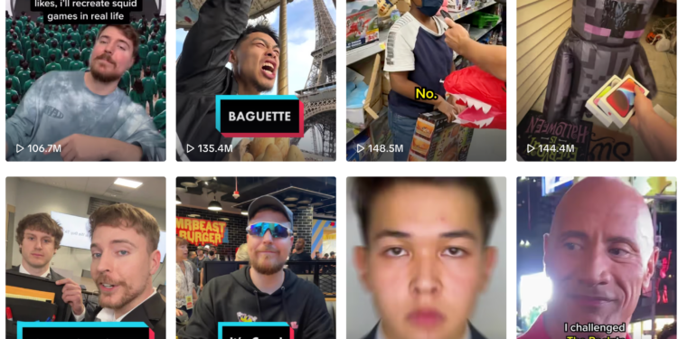 A screenshot showing eight MrBeast TikTok videos.