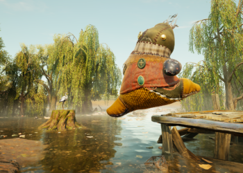 Screenshot from South of Midnight, featuring Crouton, a small stuffed creature made of patchwork fabric leaping into a pool of water.