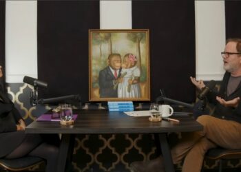 Rainn Wilson interviewing Stephanie Ruhle on his podcast.