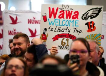 A large enthusiastic crowd filled the new Wawa in Liberty Township, Ohio Tuesday April 15, 2025.