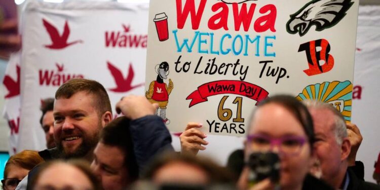 A large enthusiastic crowd filled the new Wawa in Liberty Township, Ohio Tuesday April 15, 2025.