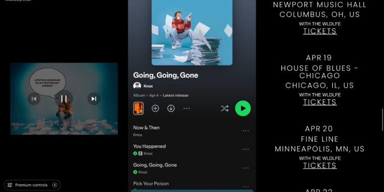 Three screenshots of the artist Knox, and his concert tour dates.