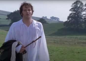 Colin Firth emerging from a lake with a wet shirt in the 1995 BBC miniseries Pride And Prejudice.