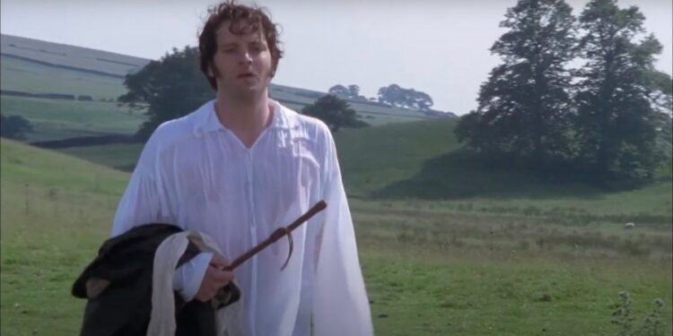 Colin Firth emerging from a lake with a wet shirt in the 1995 BBC miniseries Pride And Prejudice.