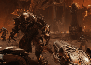 Screenshot from Doom The Dark Ages featuring the perspective of the slayer facing down a demon holding the super shotgun.