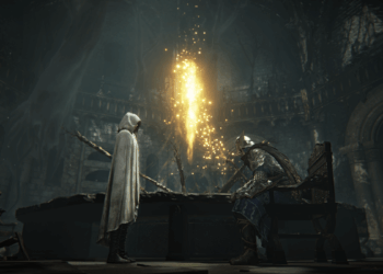 Screenshot from Elden Ring Nightreign featuring a shot of two characters, a person shrouded in white on the left and a person in armor sitting on the right in front of a glowing light.