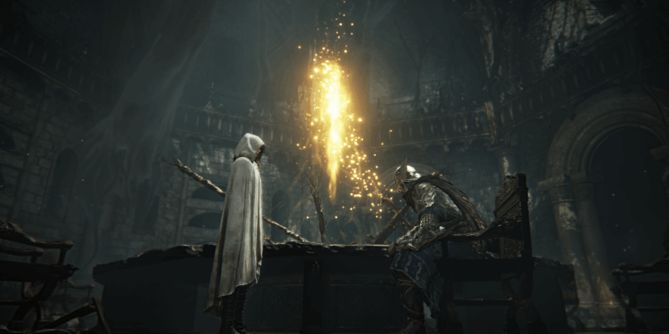 Screenshot from Elden Ring Nightreign featuring a shot of two characters, a person shrouded in white on the left and a person in armor sitting on the right in front of a glowing light.