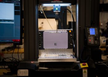 Microsoft stress tests its Surface Slim Pen on a Surface Pro 12-inch.