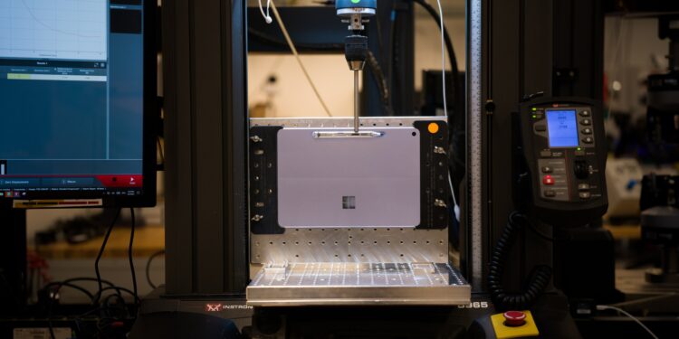 Microsoft stress tests its Surface Slim Pen on a Surface Pro 12-inch.