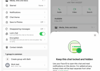 Two screenshots. Left: list of various options under the heading “Beth.” Right: Beth’s WhatsUp profile with pop-up “Keep this chat locked and hidden.”