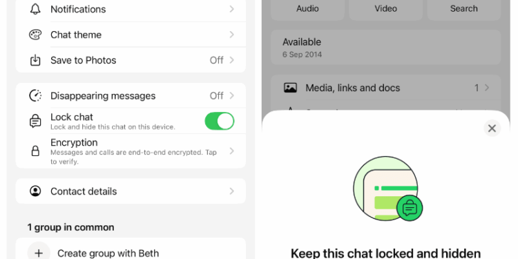 Two screenshots. Left: list of various options under the heading “Beth.” Right: Beth’s WhatsUp profile with pop-up “Keep this chat locked and hidden.”
