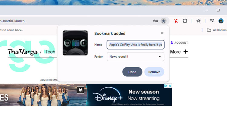 Pop-up showing BookMark Added with the name and the folder.