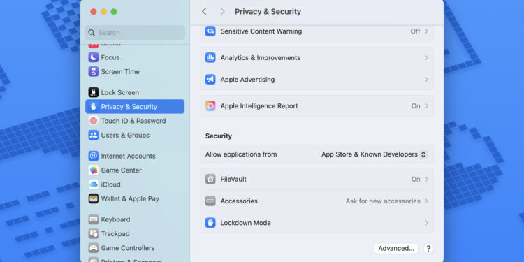 The Privacy & Security page on a Mac’s setup app, with Lockdown Mode at the bottom.