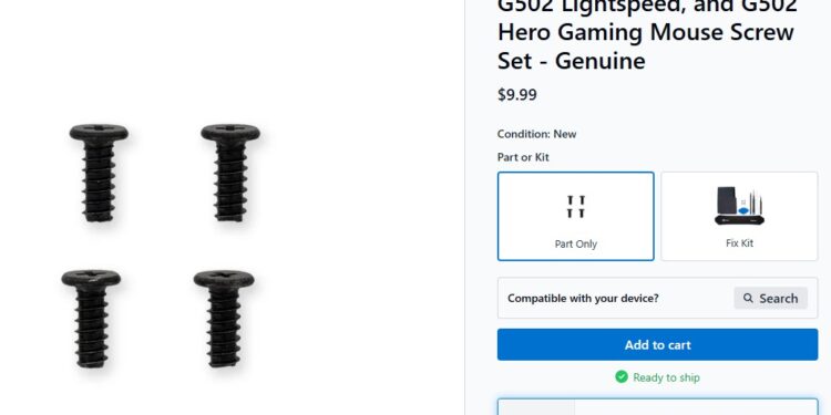 An image of 4 Logitech screws for ten dollars on iFixit’s site