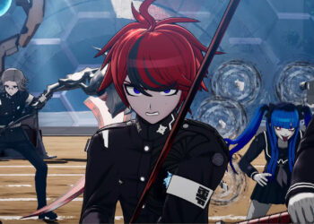 Screenshot from Last Defense Academy featuring a group shot of the main characters including a close up of Takumi Sumino wielding a red sword.