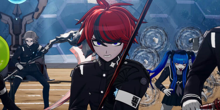 Screenshot from Last Defense Academy featuring a group shot of the main characters including a close up of Takumi Sumino wielding a red sword.