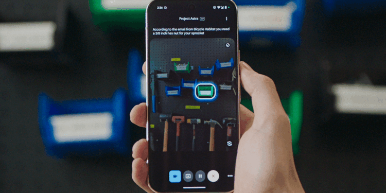 A phone running Project Astra, showing the camera pointing at some tools.