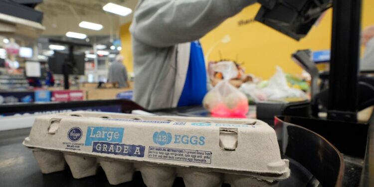 Cashier rings up eggs at a grocery store on Feb. 7, 2025.