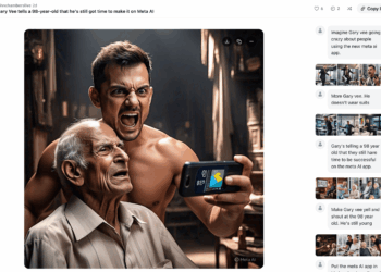 Screenshot of Meta AI social feed that shows an AI-generated image of Gary Vee yelling at an old man.