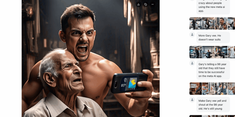 Screenshot of Meta AI social feed that shows an AI-generated image of Gary Vee yelling at an old man.