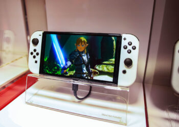 A photo of a Nintendo Switch OLED.