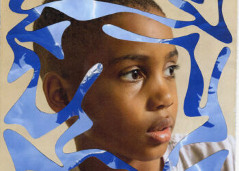 Hand cut photo collage of a young boy’s face overlayed with art from the game Final Fantasy XIV.