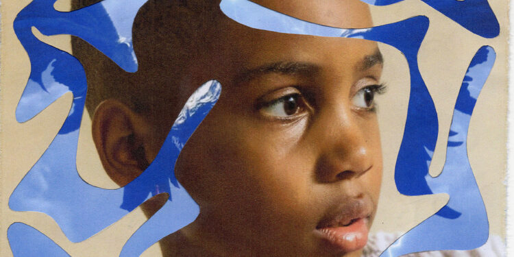 Hand cut photo collage of a young boy’s face overlayed with art from the game Final Fantasy XIV.