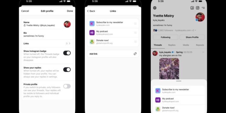 Threads follows Instagram with more links in bio